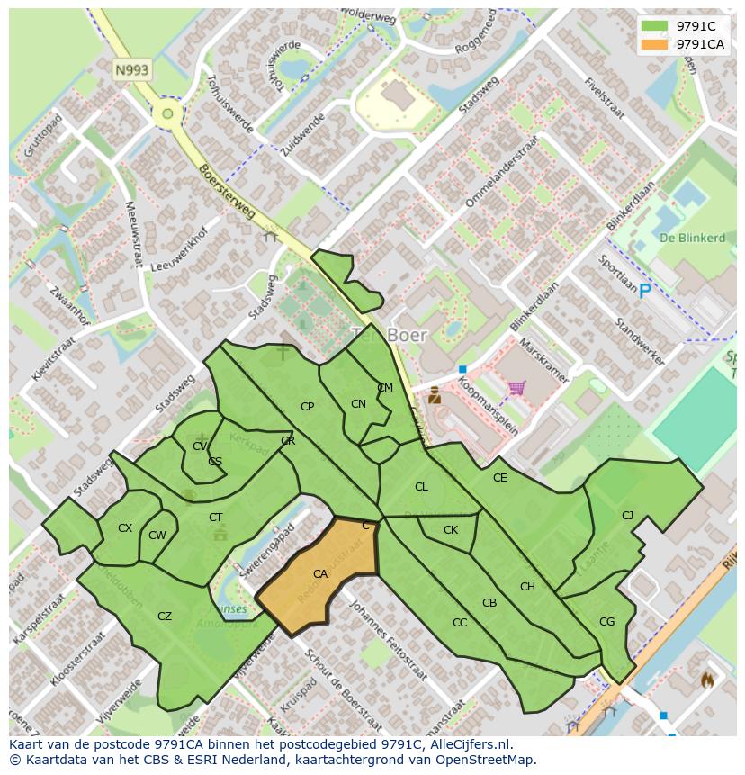 Afbeelding van het postcodegebied 9791 CA op de kaart.