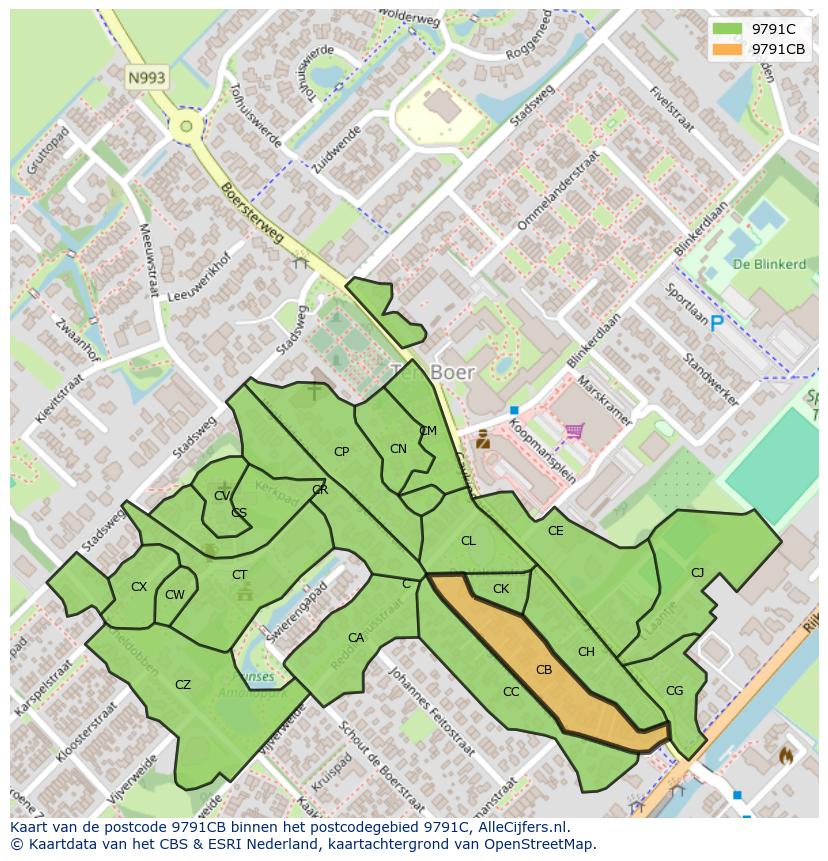 Afbeelding van het postcodegebied 9791 CB op de kaart.