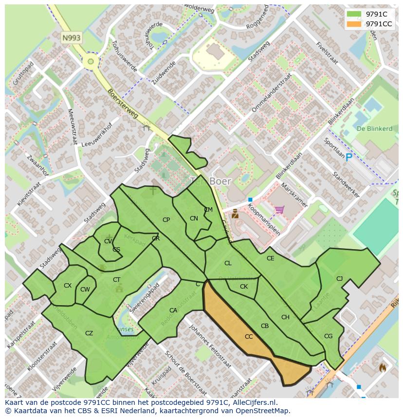 Afbeelding van het postcodegebied 9791 CC op de kaart.