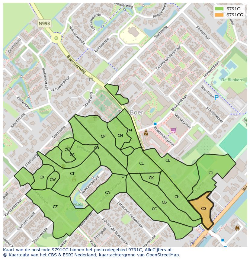 Afbeelding van het postcodegebied 9791 CG op de kaart.