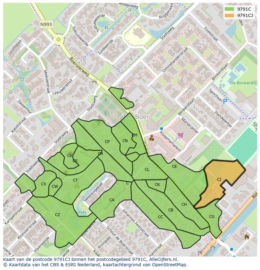 Afbeelding van het postcodegebied 9791 CJ op de kaart.