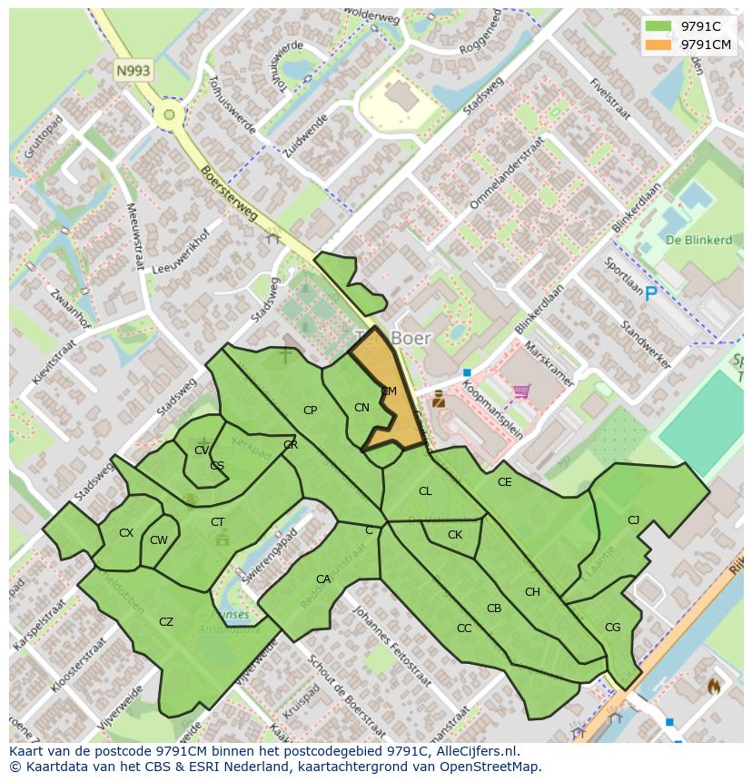 Afbeelding van het postcodegebied 9791 CM op de kaart.