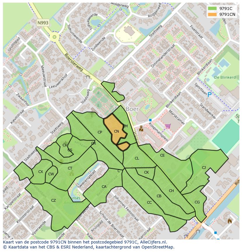 Afbeelding van het postcodegebied 9791 CN op de kaart.