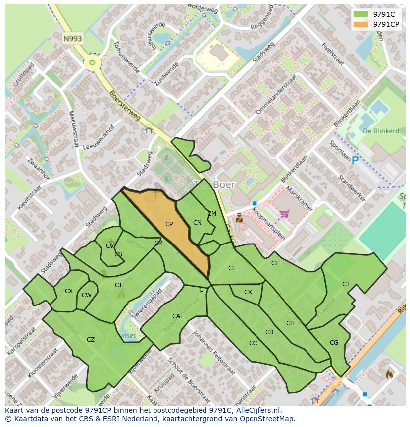 Afbeelding van het postcodegebied 9791 CP op de kaart.