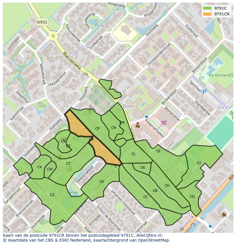 Afbeelding van het postcodegebied 9791 CR op de kaart.