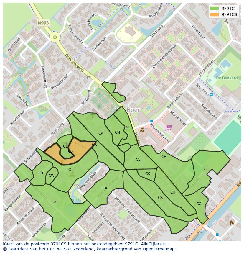 Afbeelding van het postcodegebied 9791 CS op de kaart.