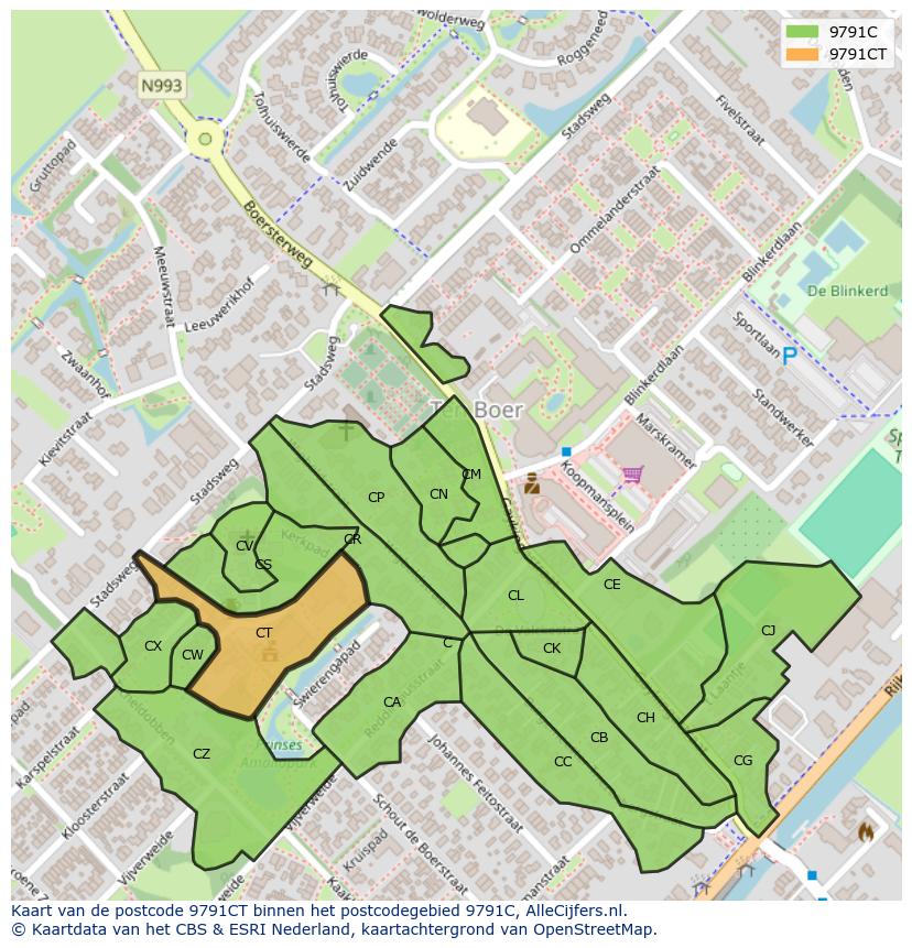 Afbeelding van het postcodegebied 9791 CT op de kaart.