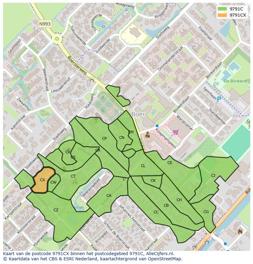 Afbeelding van het postcodegebied 9791 CX op de kaart.