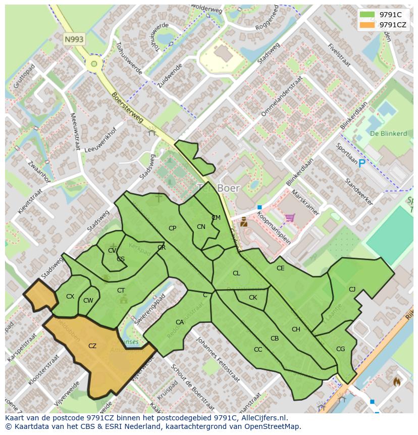 Afbeelding van het postcodegebied 9791 CZ op de kaart.
