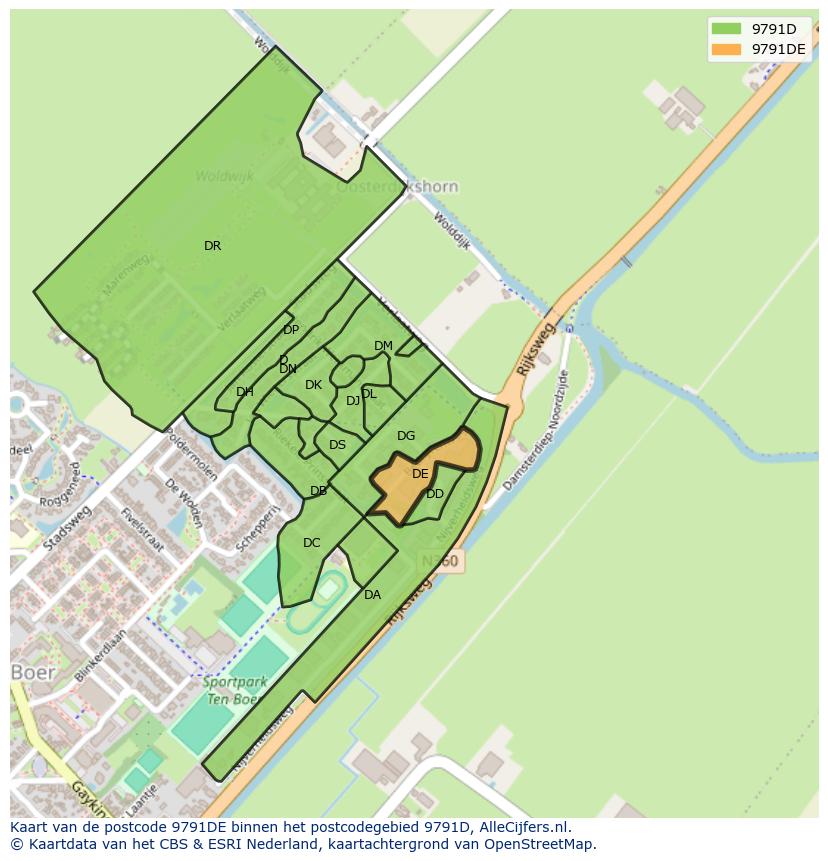 Afbeelding van het postcodegebied 9791 DE op de kaart.