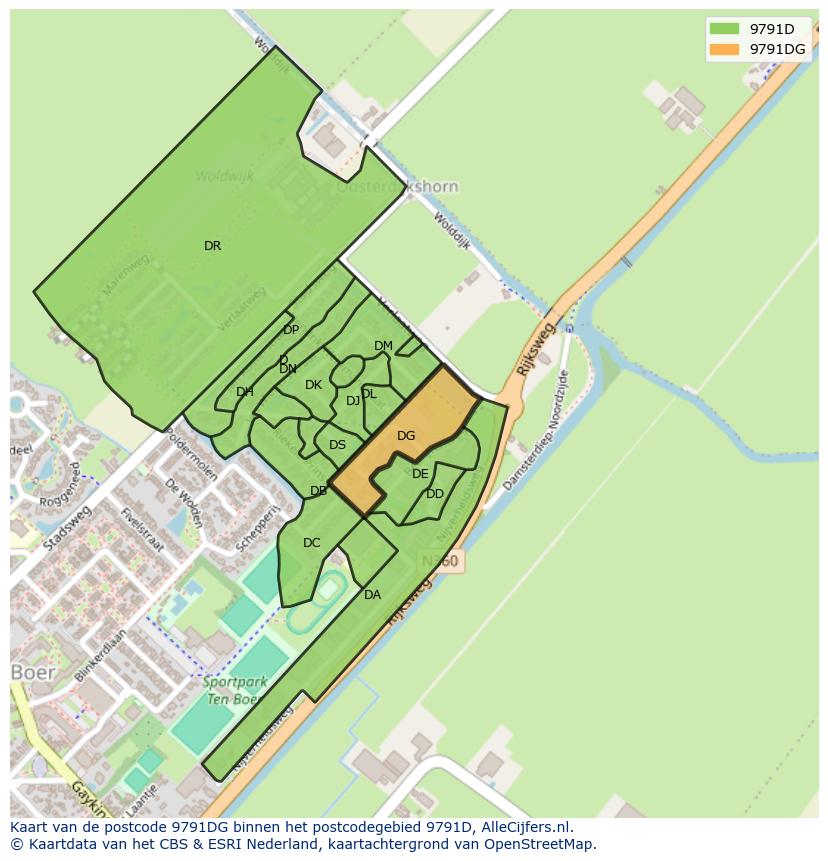 Afbeelding van het postcodegebied 9791 DG op de kaart.