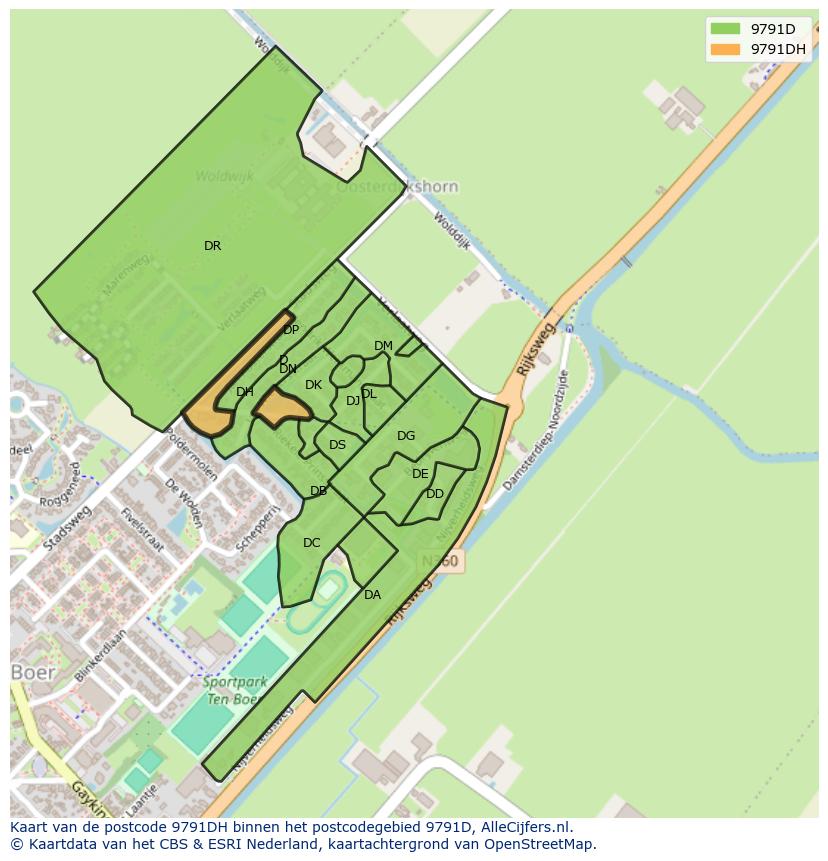 Afbeelding van het postcodegebied 9791 DH op de kaart.