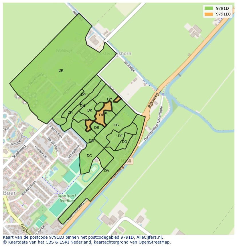 Afbeelding van het postcodegebied 9791 DJ op de kaart.