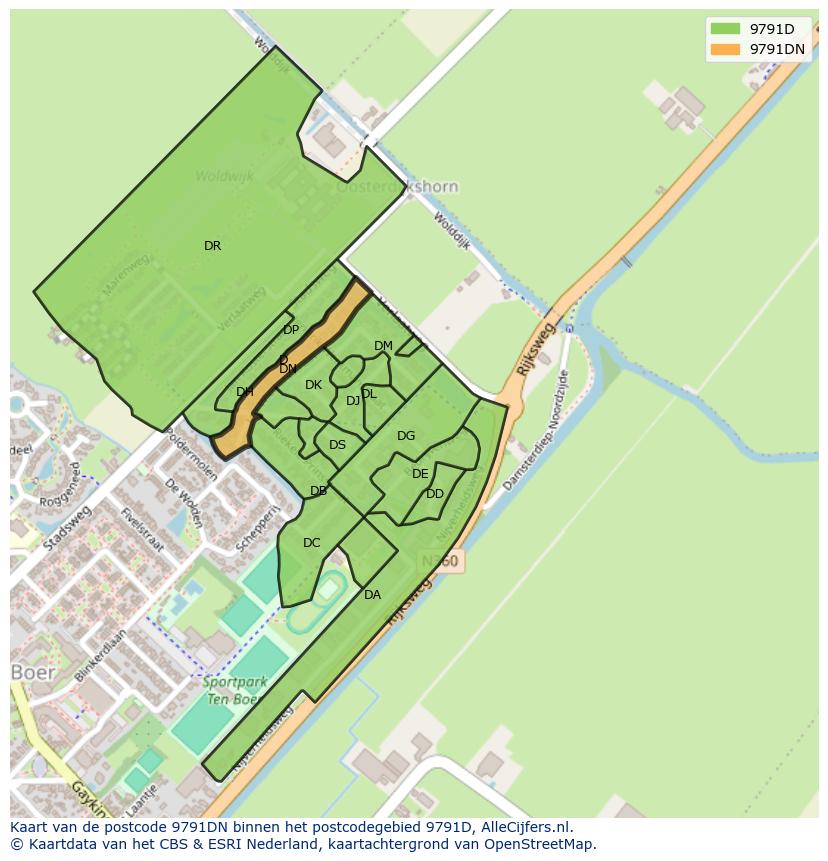 Afbeelding van het postcodegebied 9791 DN op de kaart.