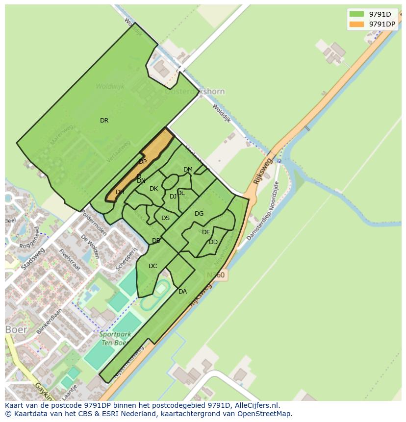 Afbeelding van het postcodegebied 9791 DP op de kaart.