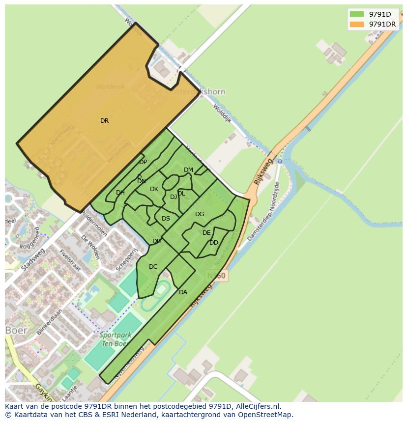 Afbeelding van het postcodegebied 9791 DR op de kaart.