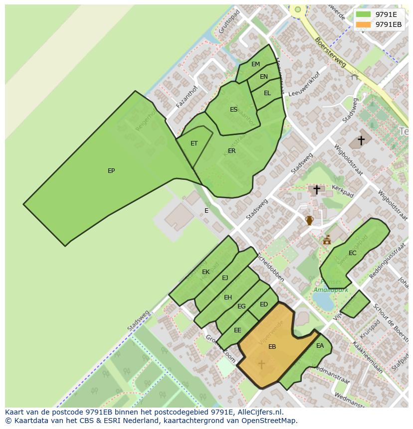 Afbeelding van het postcodegebied 9791 EB op de kaart.
