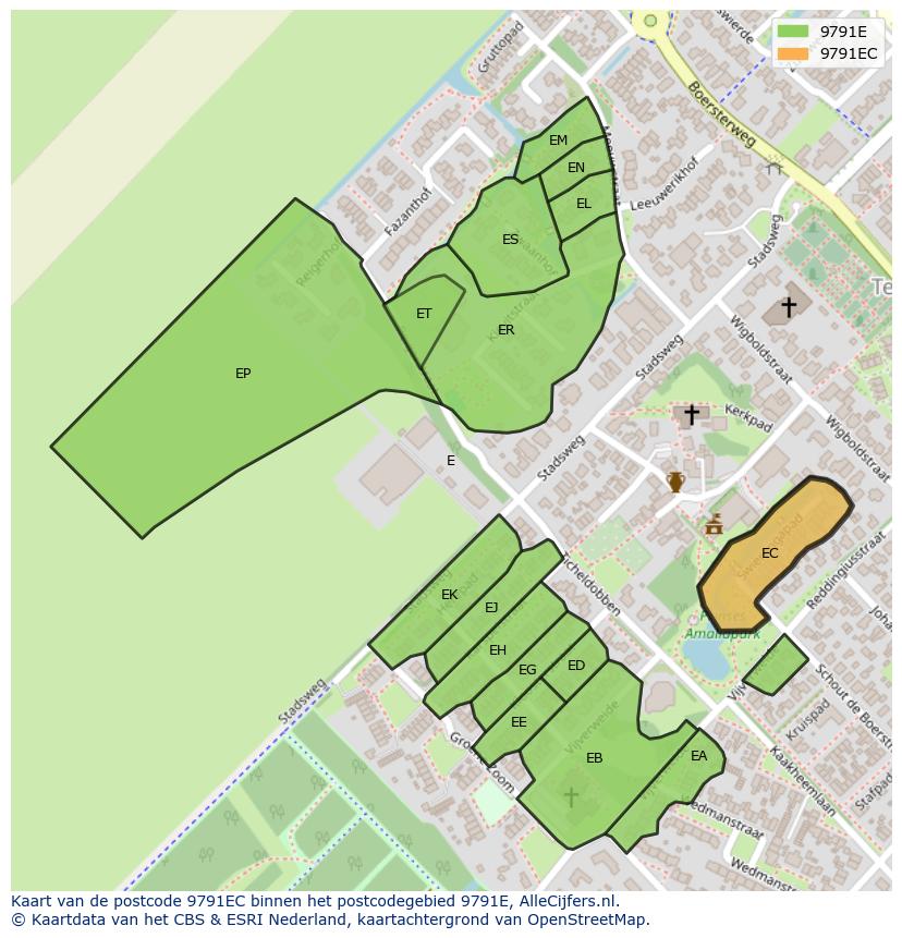 Afbeelding van het postcodegebied 9791 EC op de kaart.