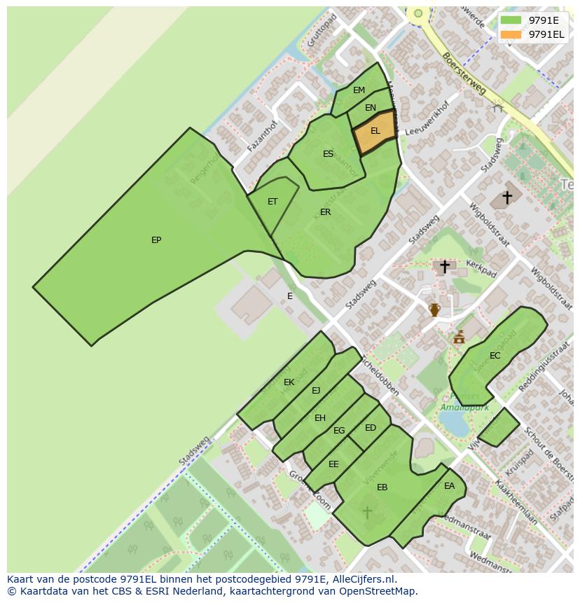 Afbeelding van het postcodegebied 9791 EL op de kaart.