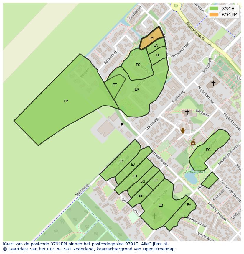 Afbeelding van het postcodegebied 9791 EM op de kaart.