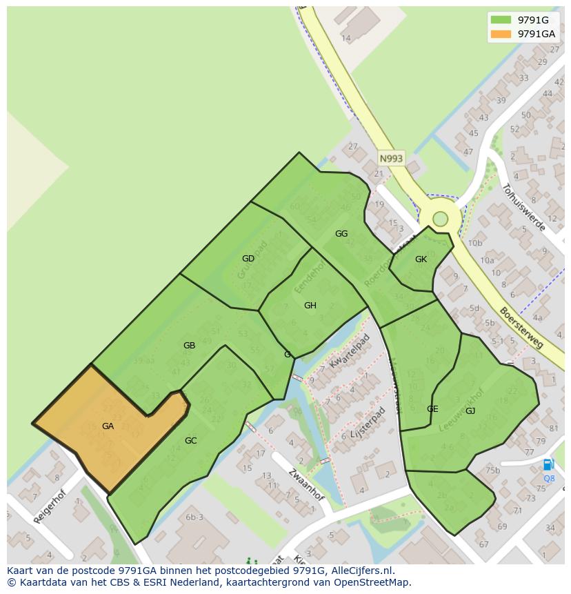 Afbeelding van het postcodegebied 9791 GA op de kaart.