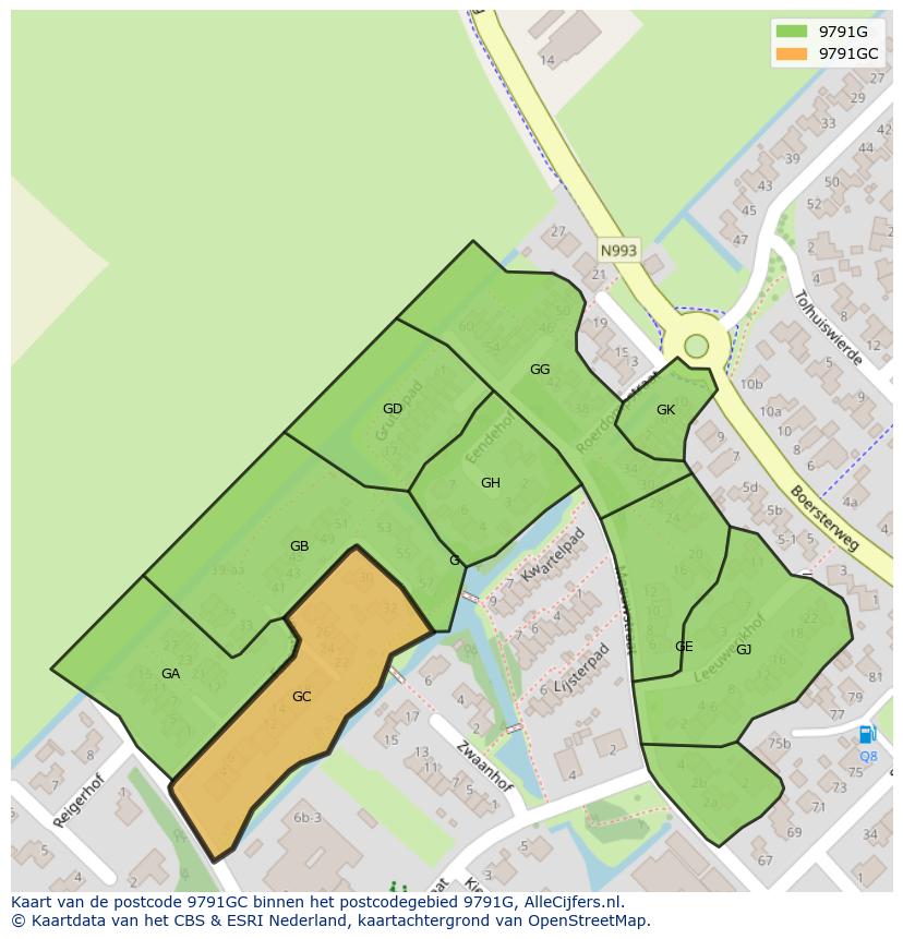 Afbeelding van het postcodegebied 9791 GC op de kaart.