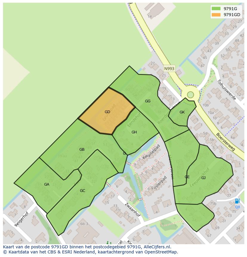 Afbeelding van het postcodegebied 9791 GD op de kaart.
