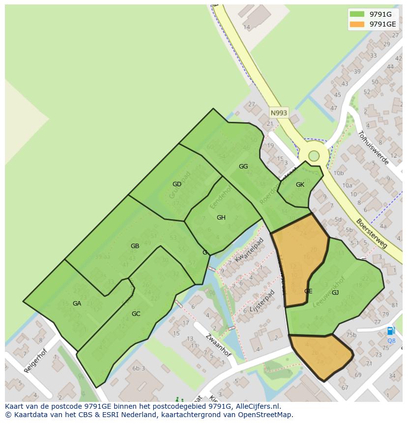 Afbeelding van het postcodegebied 9791 GE op de kaart.