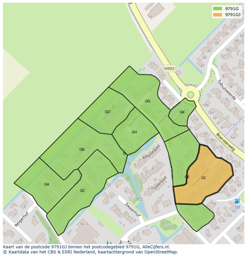 Afbeelding van het postcodegebied 9791 GJ op de kaart.