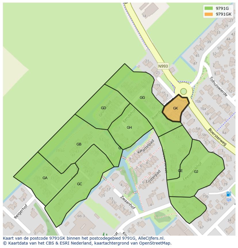 Afbeelding van het postcodegebied 9791 GK op de kaart.