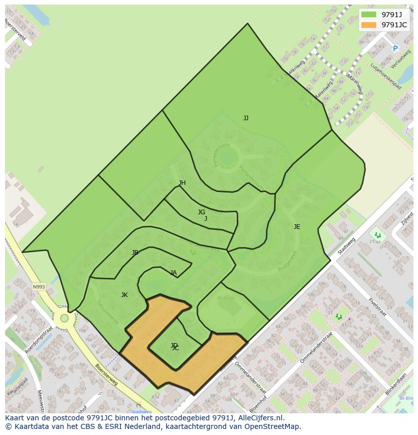 Afbeelding van het postcodegebied 9791 JC op de kaart.