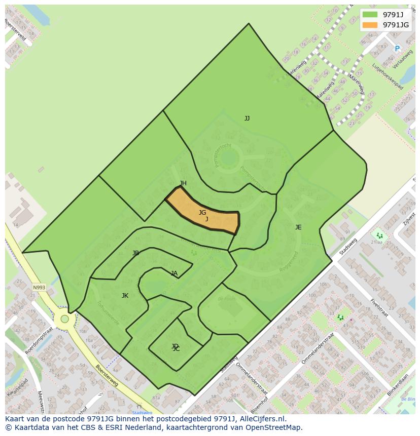 Afbeelding van het postcodegebied 9791 JG op de kaart.