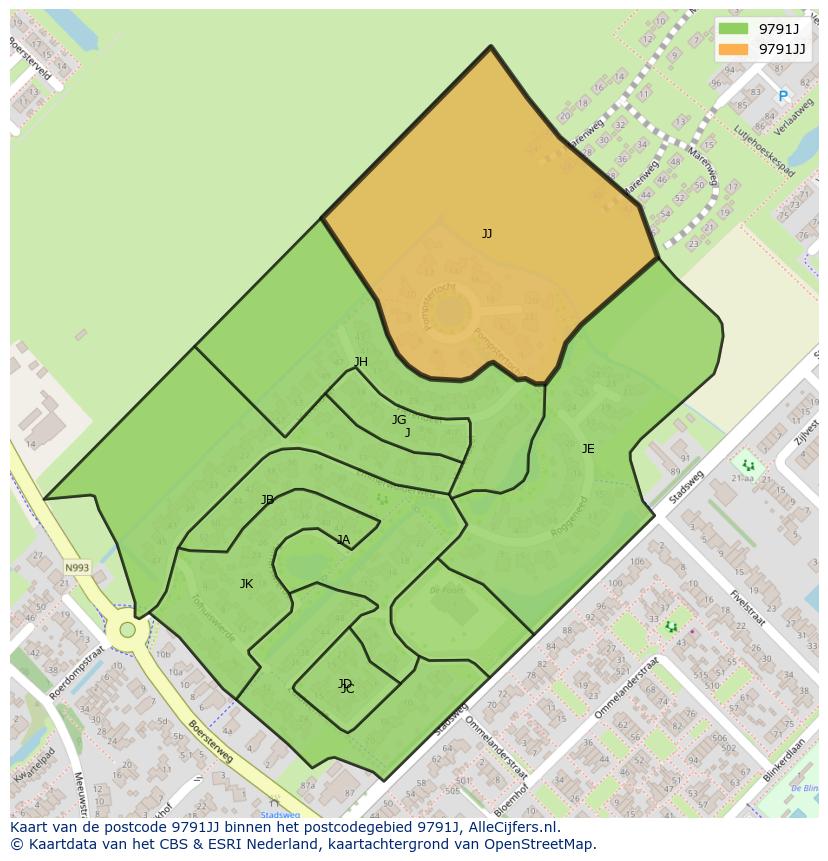 Afbeelding van het postcodegebied 9791 JJ op de kaart.