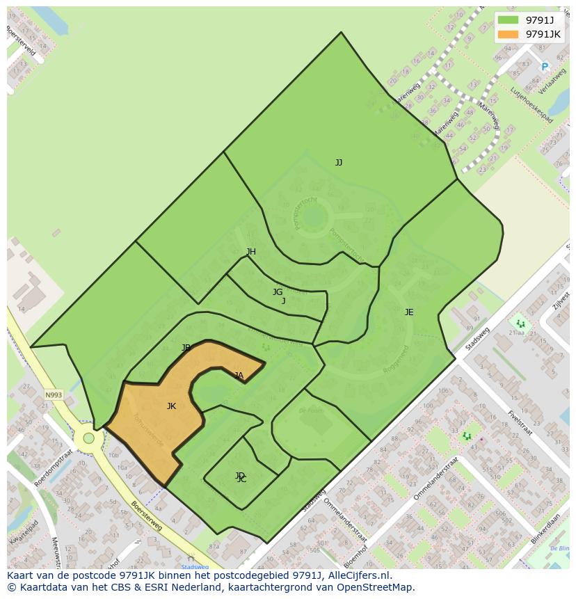 Afbeelding van het postcodegebied 9791 JK op de kaart.
