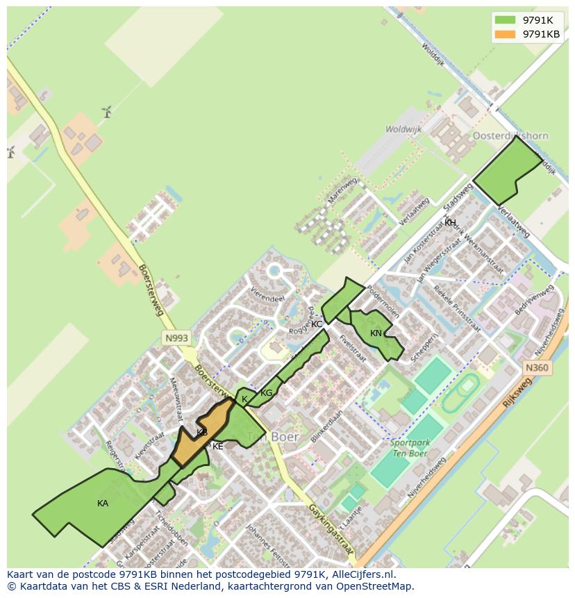 Afbeelding van het postcodegebied 9791 KB op de kaart.