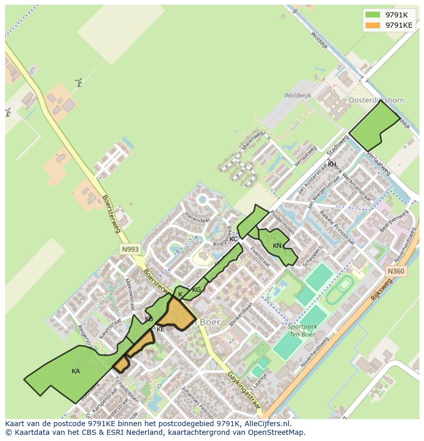 Afbeelding van het postcodegebied 9791 KE op de kaart.