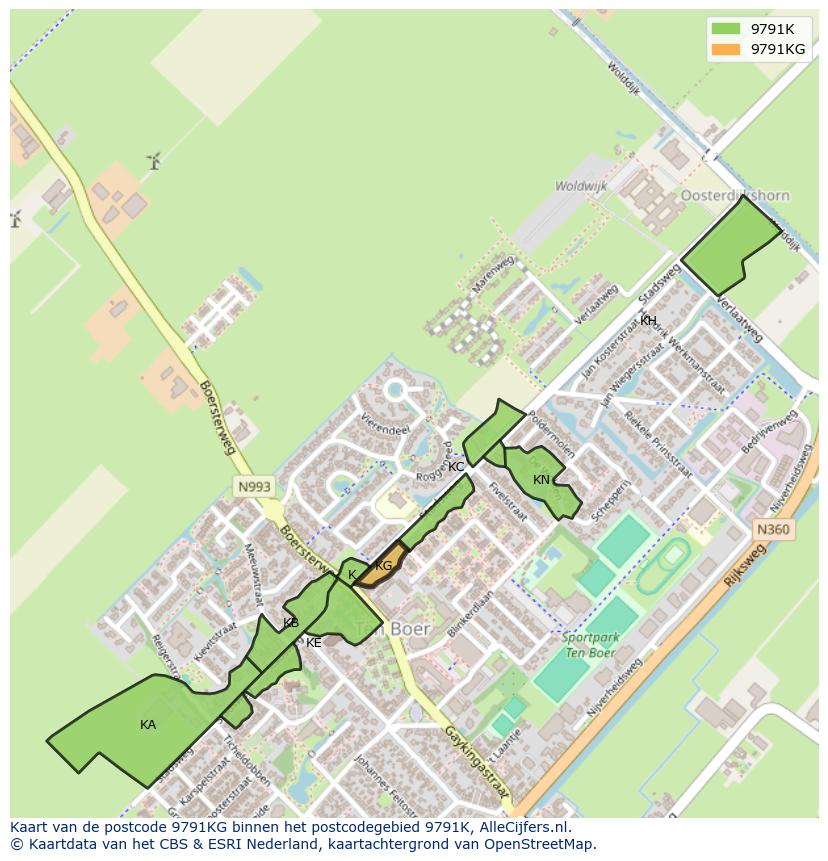 Afbeelding van het postcodegebied 9791 KG op de kaart.