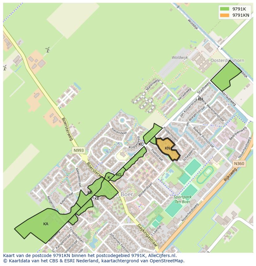 Afbeelding van het postcodegebied 9791 KN op de kaart.