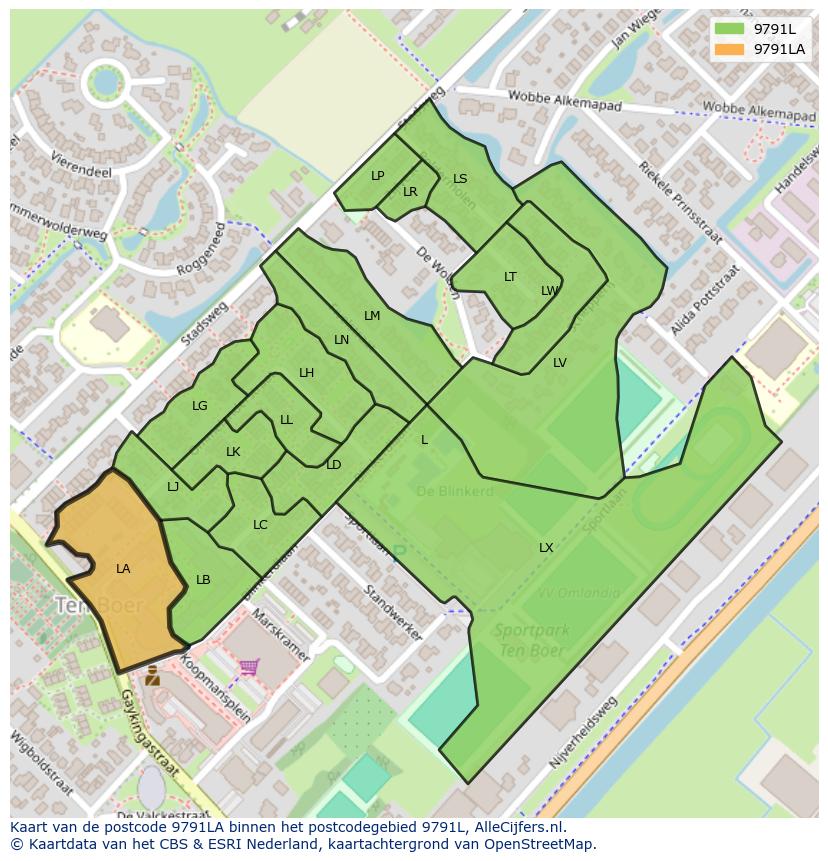 Afbeelding van het postcodegebied 9791 LA op de kaart.