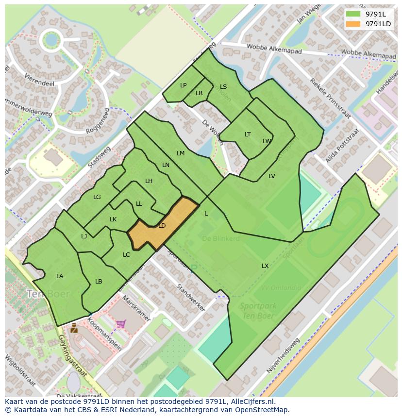 Afbeelding van het postcodegebied 9791 LD op de kaart.