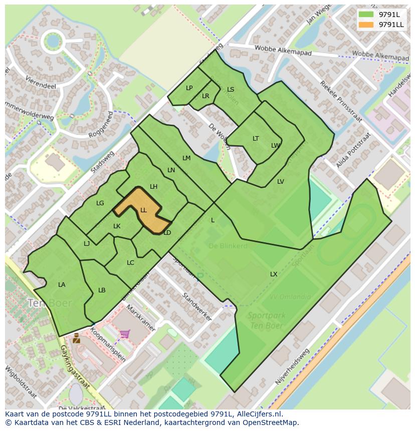 Afbeelding van het postcodegebied 9791 LL op de kaart.