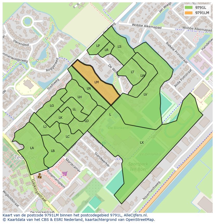 Afbeelding van het postcodegebied 9791 LM op de kaart.