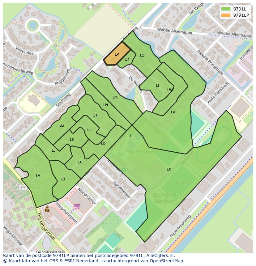 Afbeelding van het postcodegebied 9791 LP op de kaart.