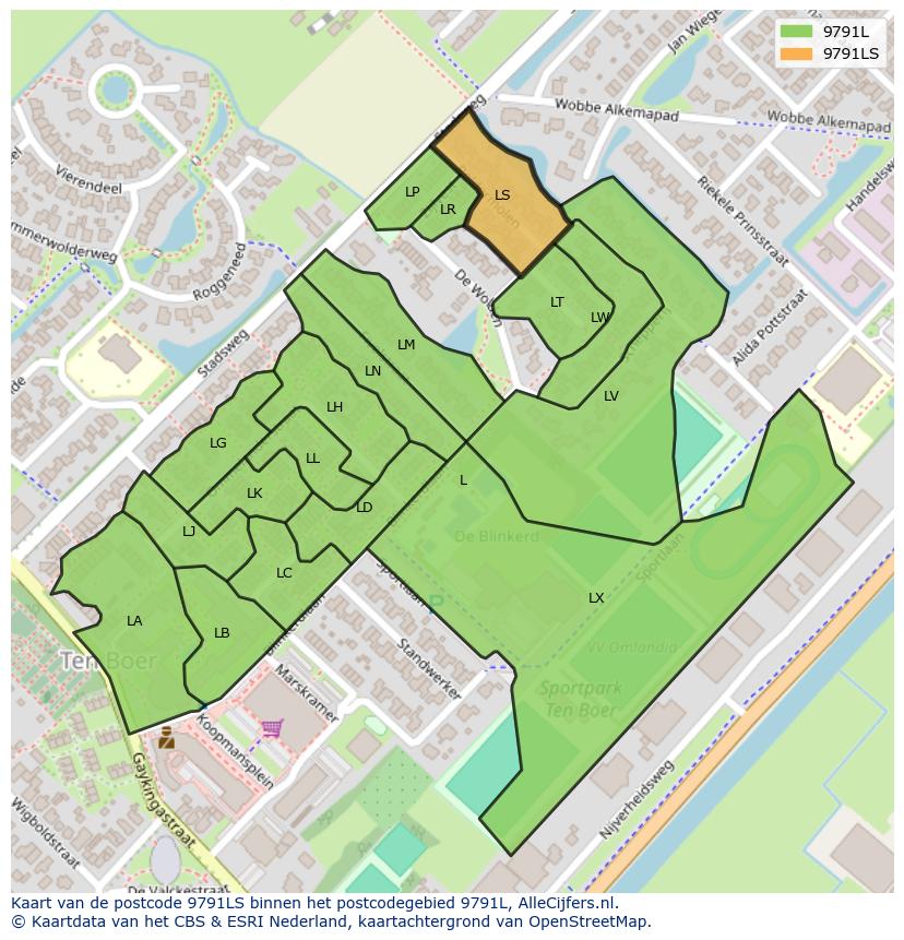 Afbeelding van het postcodegebied 9791 LS op de kaart.