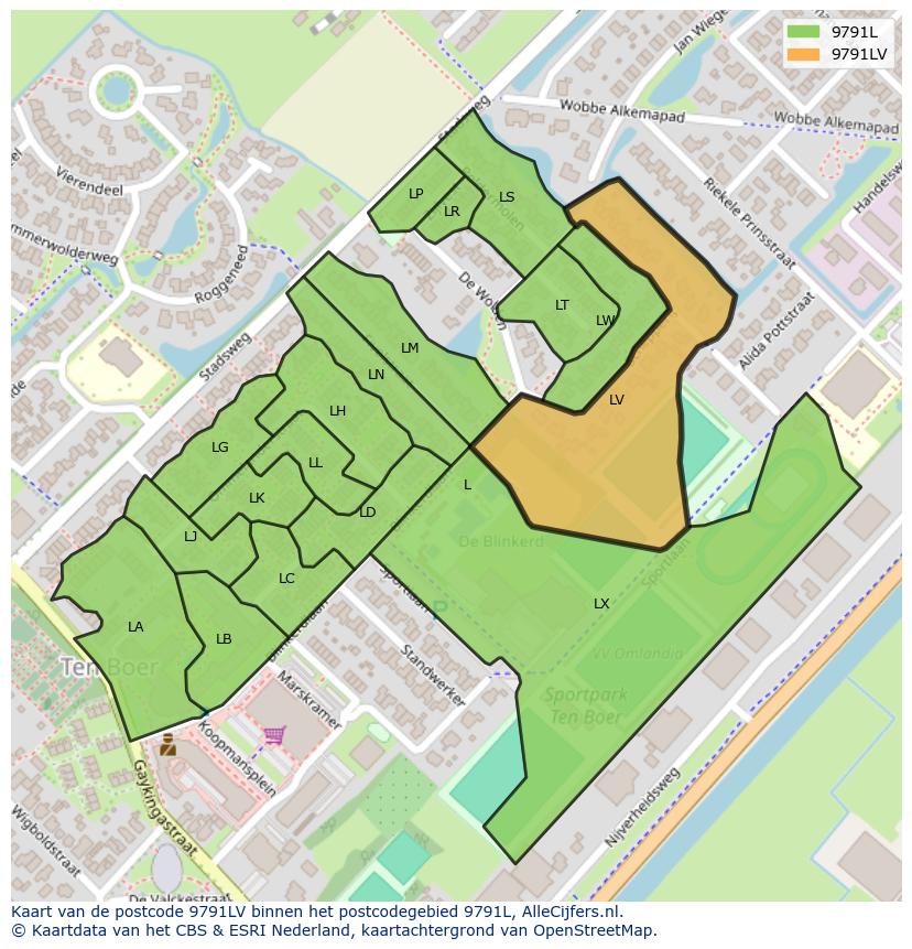 Afbeelding van het postcodegebied 9791 LV op de kaart.