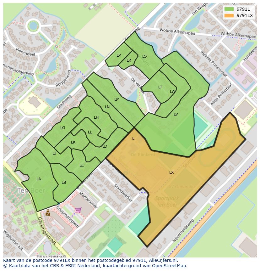 Afbeelding van het postcodegebied 9791 LX op de kaart.