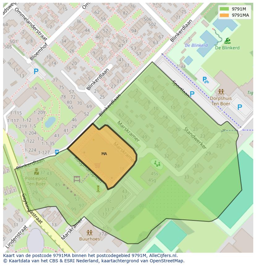 Afbeelding van het postcodegebied 9791 MA op de kaart.