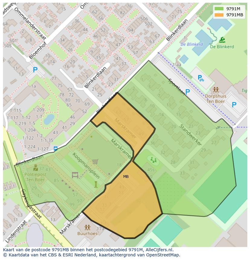 Afbeelding van het postcodegebied 9791 MB op de kaart.