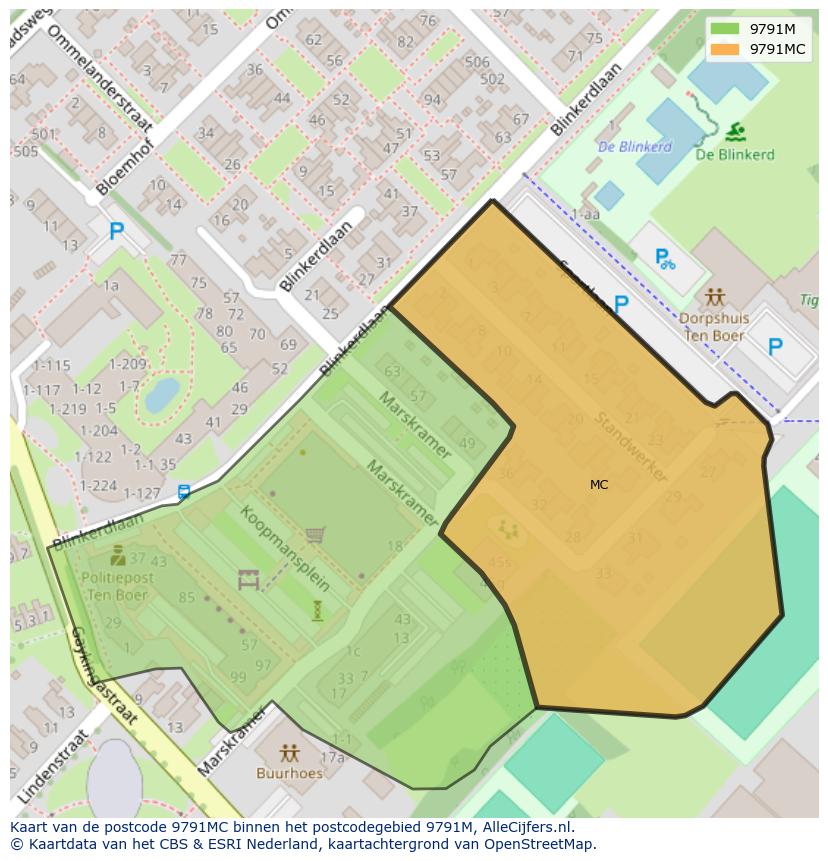 Afbeelding van het postcodegebied 9791 MC op de kaart.