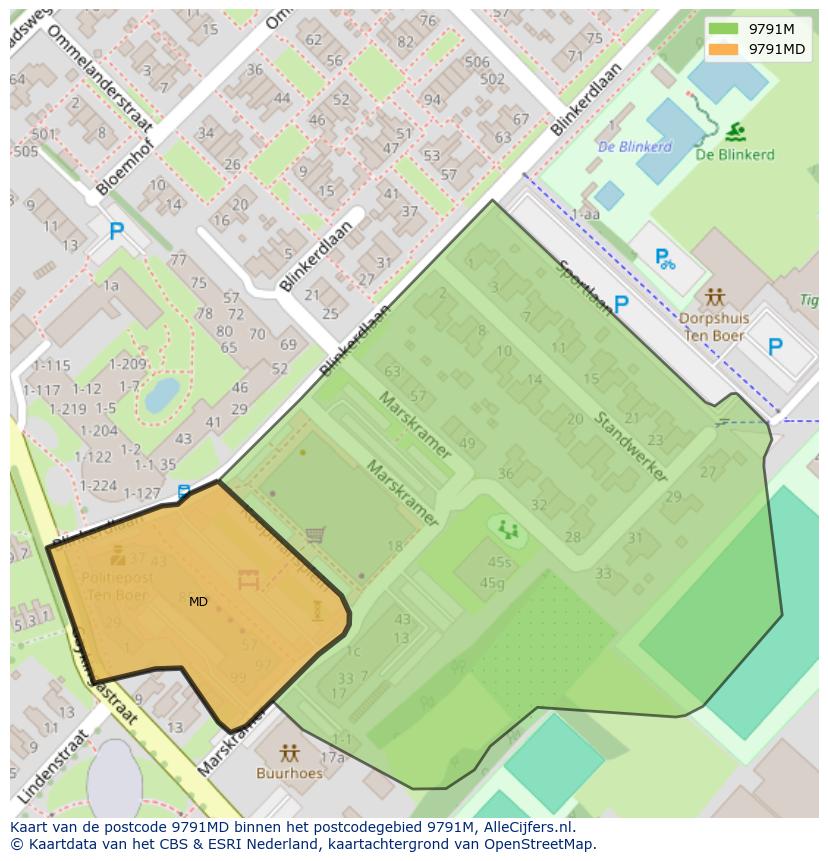 Afbeelding van het postcodegebied 9791 MD op de kaart.